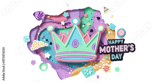 Festive crown illustration celebrating happy mother's day with colorful confetti
