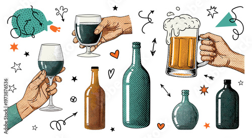 Hand drawn collection of alcoholic beverages bottles and glasses in sketchy style