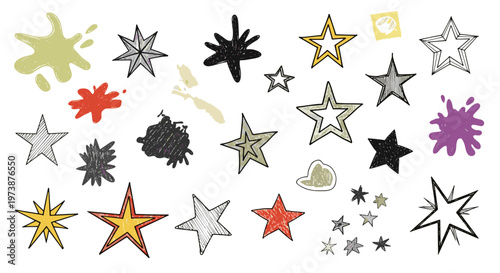 Collection of hand drawn star shapes and colorful abstract paint splatters