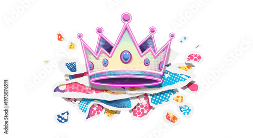 Glamorous royal crown adorned with jewels and confetti symbolizing royalty