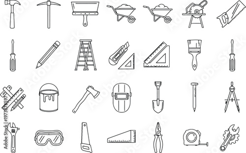 Construction tools and equipment icons for building and DIY projects, line art style