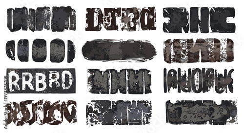 Collection of black ink stamp text blocks with various mottled and distressed