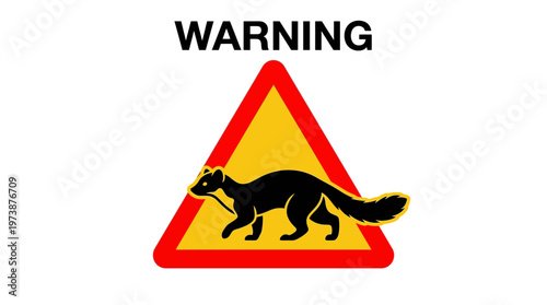Cautionary graphic symbol featuring a black weasel within a yellow triangular warning sign, indicating potential danger or wildlife presence, isolated on a white background