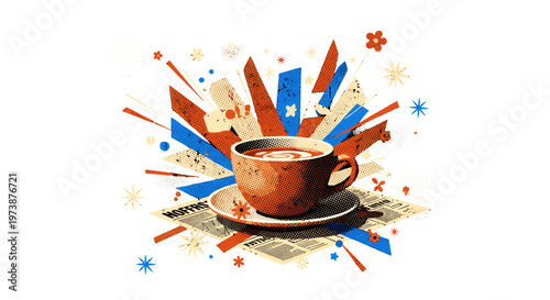 Whimsical coffee cup with abstract exploding colors and festive elements cozy