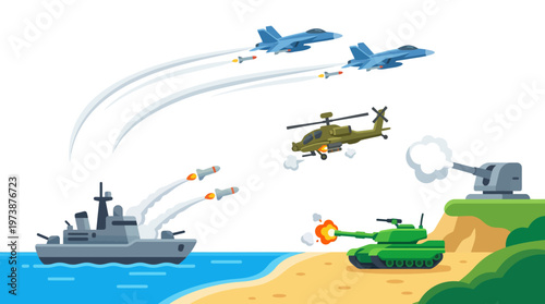 Dynamic illustration of modern military conflict with combined air, sea, and land forces engaged in combat, showcasing strategic warfare and defense operations