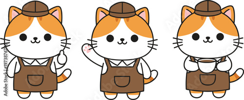 Cute cat barista character set with thumbs up waving and holding coffee cup for cafe branding social media and stickers.
