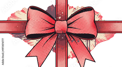 Elegant red ribbon bow tied on gift wrap with decorative pattern celebration