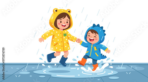 Two happy children in colorful raincoats jumping in puddles during a rainy day