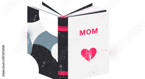 Open book with 'mom' and heart symbol celebrating motherhood and family love story