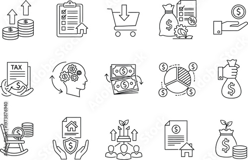 Financial and business icons set, including money, shopping, and growth symbols, for app ui and web interface