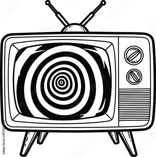 Retro TV with spiral screen for hypnotic and vintage concepts, black and white vector icon