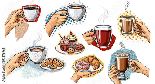 Collection of hands holding cups of hot beverages and pastries perfect for cafe