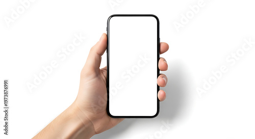 Cell phone in hand with a blank screen isolated.
