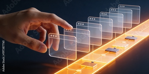 Hand guiding translucent workflow frames and routing blocks on a glowing process lane with copy space for business approval and operations header