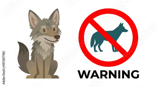 Coyote warning sign indicating danger and advising caution for people in the area, with a stylized illustration of a coyote and a prohibition symbol