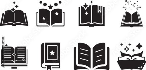 Enchanting Literary Collection: A captivating set of open book icons, each brimming with magical symbols, perfect for designs related to storytelling, fantasy, and the wonder of reading.png
