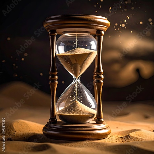 Elegant hourglass with golden sand grains falling inside set on sand dunes against a dark background with bokeh lights vintage-style time concept