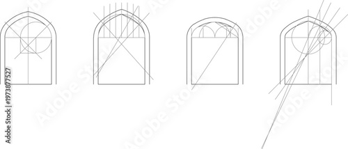 Technical architectural drawing illustrating the geometric construction of four Tudor arch variations using circles and guide lines for layout.