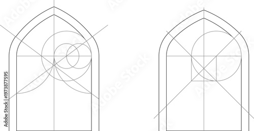 Technical architectural drawing showing the geometric construction of pointed Gothic arches with overlaying circles and lines to define the curvature.