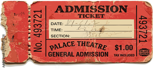 Aged red admission ticket, a nostalgic relic from a bygone era, evoking the charm of vintage theatre experiences and classic entertainment