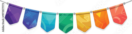 Bright and cheerful string of multi-colored pennant flags forming a delightful party bunting, perfect for festive celebrations, happy events, or joyous occasions