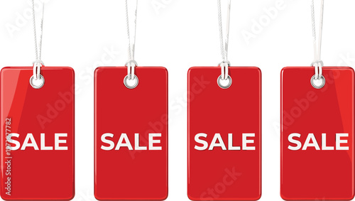 Four red sale tags hanging on white background, representing discounts and promotions for shopping