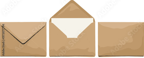 Collection of classic brown paper envelopes, featuring a closed front, an open design revealing a letter, and a flat back view for postal correspondence