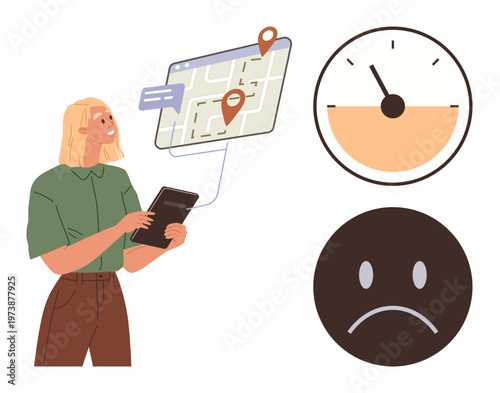 Navigation systems, time tracking, customer feedback, route planning, location services, technology integration. Woman with tablet, map screen timer sad emotion. Navigation and time tracking
