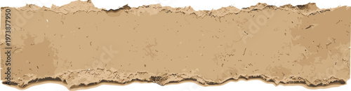 Roughly torn strip of aged brown paper with ragged edges, ideal for a rustic banner, vintage background, or distressed texture overlay in various design projects