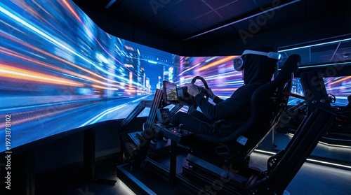 immersive multi-sensory driving simulation with vibrant digital cityscape visuals