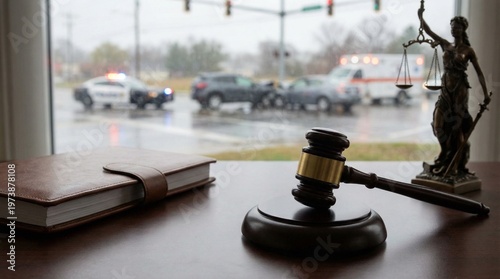 Legal and judicial symbols on a desk with court scene through window showcasing rainy weather and traffic disruptions