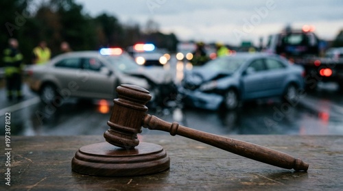 Legal Proceeding Scene Featuring Gavel and Courtroom Setting with Emergency Vehicles and Commuters in the Background