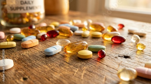 Assorted pharmaceutical pills and capsules spilled on a rustic wooden surface creating a chaotic scene of medication and