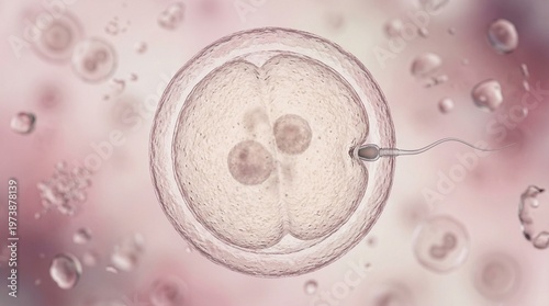 Dramatic depiction of human fertilization showcasing a single sperm cell meeting an ovum with surrounding cells in a detailed