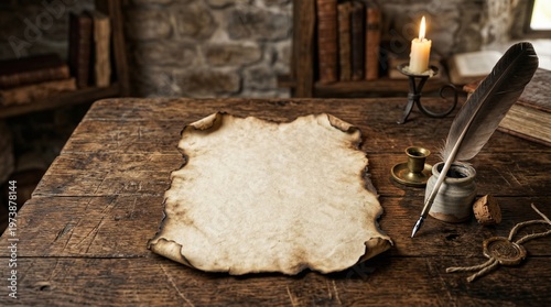 Antique writing scene with aged parchment, quill, candle and vintage decor