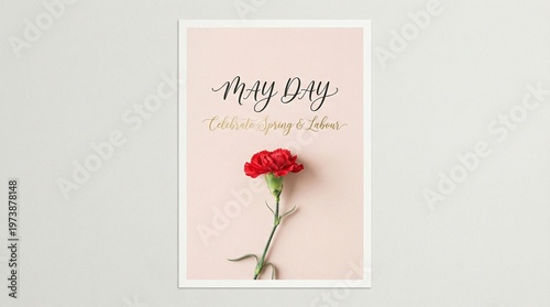 Elegant May Day Celebration Greeting Card Featuring a Single Red Carnation Bloom and Soft Pink Background for International
