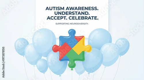 Awareness Campaign Emphasizing Autism Acceptance Through Puzzle Piece and Balloons Visuals