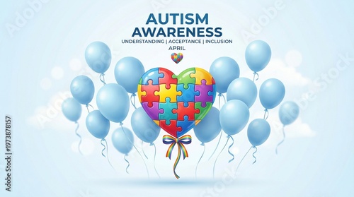 Autism awareness month themed heart-shaped puzzle with balloons promoting understanding acceptance and inclusion during april