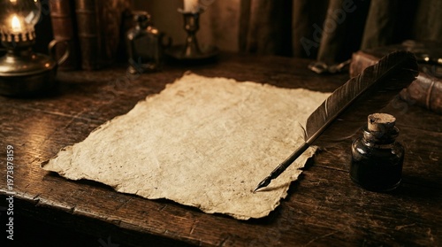 Antique writing setup with parchment, quill, and ink on rustic wooden desk suitable for historical or literary themes