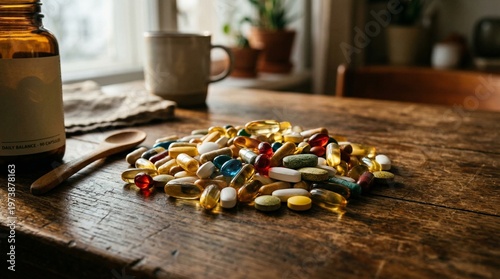 variety of vitamins supplements and pills scattered on rustic wooden table with mug in background