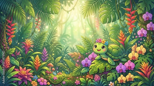 Whimsical cartoon turtle surrounded by vibrant tropical flowers and lush greenery in a magical jungle scene