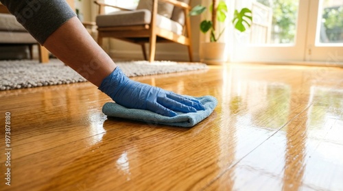 Housekeeper Cleaning Wooden Floor with Cloth in Living Room Brightened by Natural Light