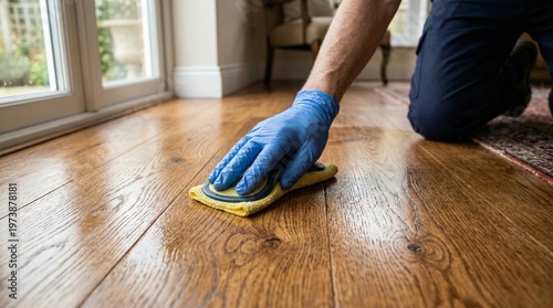 Detailed scene of a person cleaning a hardwood floor with a yellow cloth wearing blue gloves