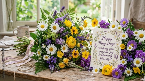 Vibrant spring flower arrangements with daisies, roses, lavender, and a cheerful greeting card on rustic wooden table