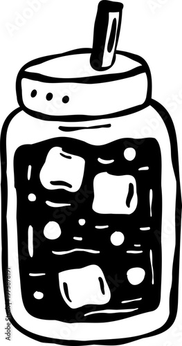 Glass jar with lid, straw, ice cubes, and a refreshing beverage, hand-drawn doodle line art with imperfect, playful lines.