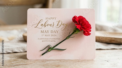 Elegant Labour Day Greeting Card with a Vibrant Red Carnation and Celebratory Message for May 1st 2024 Recognition