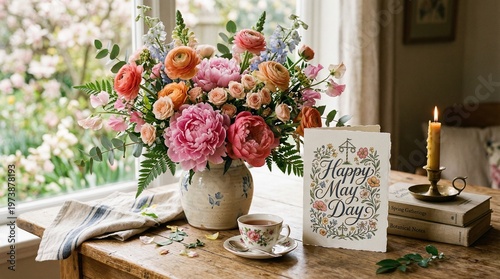 Elegant floral arrangement in a cozy home setting with greeting card and candle