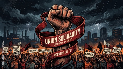 Powerful union demonstration with clenched fist symbolizing strength and solidarity amidst stormy cityscape