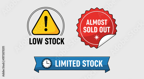 Low stock warning signs icons set.