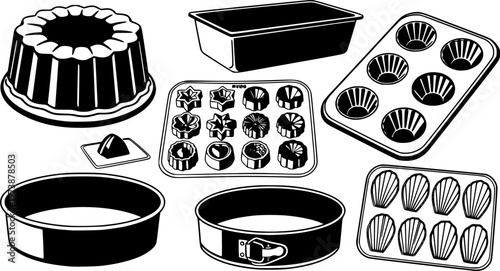 Collection of baking molds and pans for cakes, chocolates, and desserts
